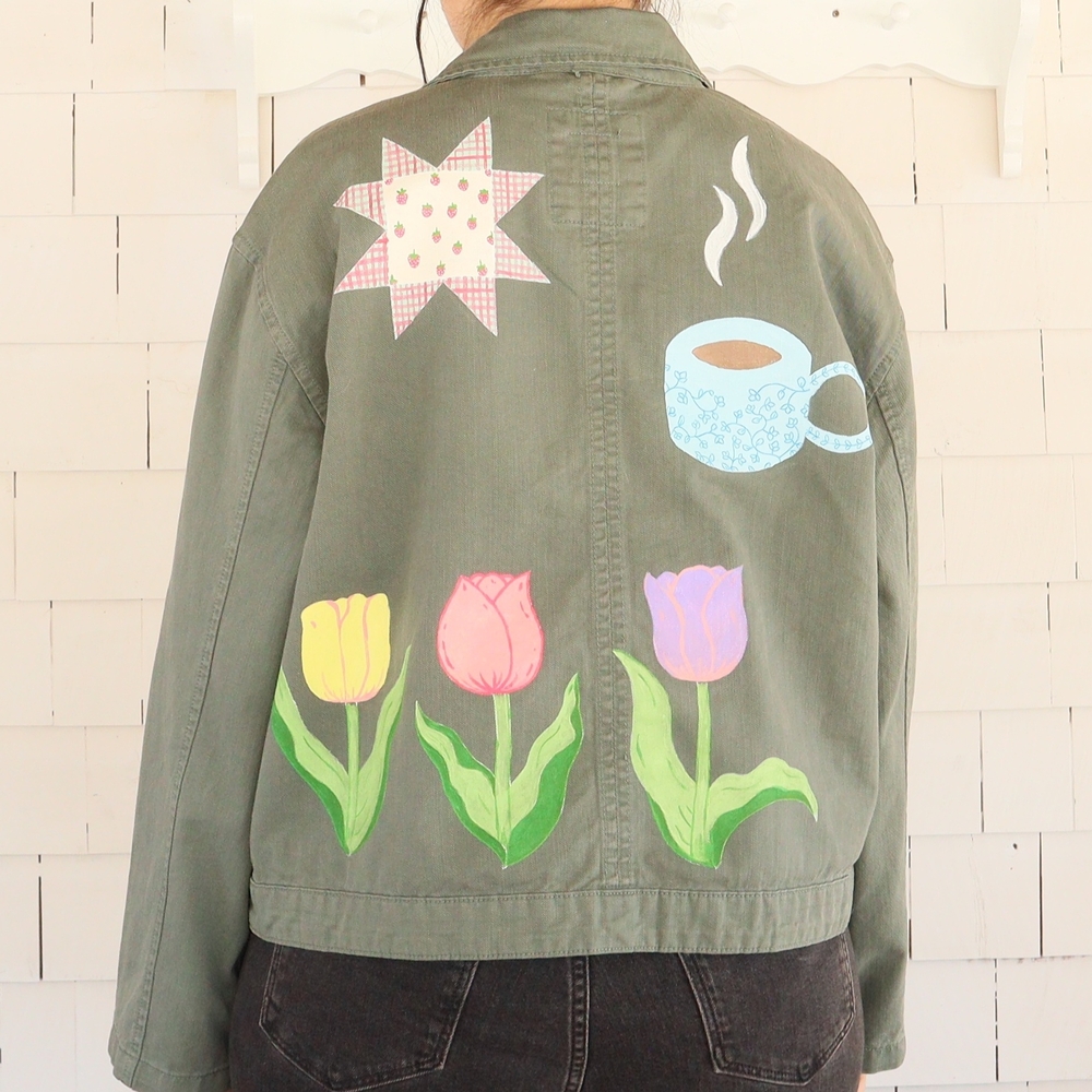 Hand Painted Olive Utility Jacket Rose Goose Patchwork Quilt Star L • XL • 2XL - Picture 12 of 13